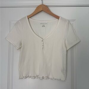 American Eagle Outfitters Women's White Ribbed Short Sleeve Top